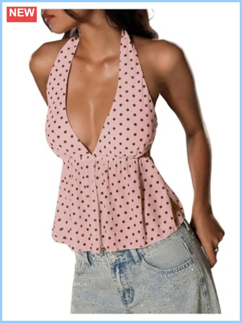 Polka Dots Tie Backless Halter Top V Neck Ruffle Hem Crop